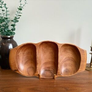 2 / $35 VINTAGE MCM Monkeypod Wood Tray: Danish Modern 3-Section Serving Tray